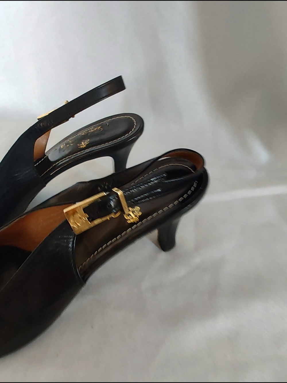 Elegant Black Leather Slingback Heels with Gold Buckle Accent - Picture 4 of 10